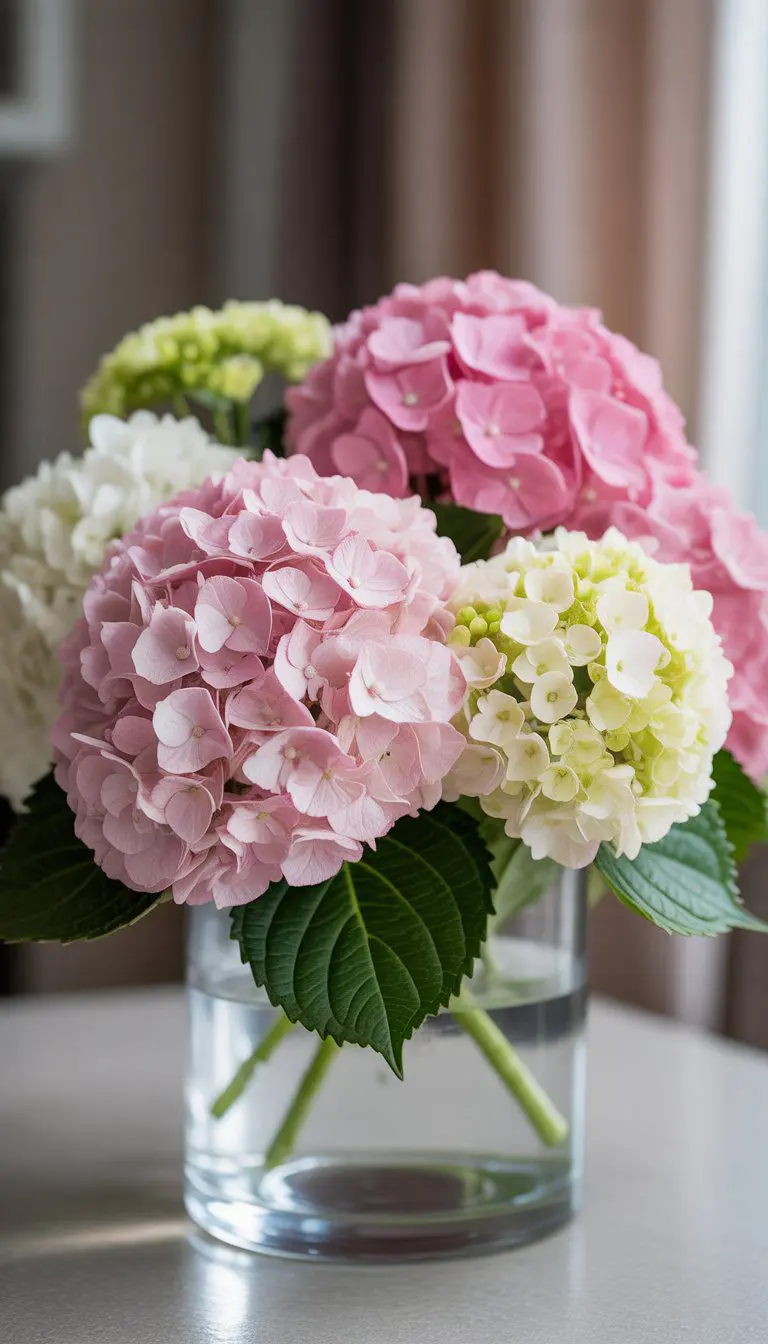 A clear vase filled with pink and white hydrangeas on a neutral surface.