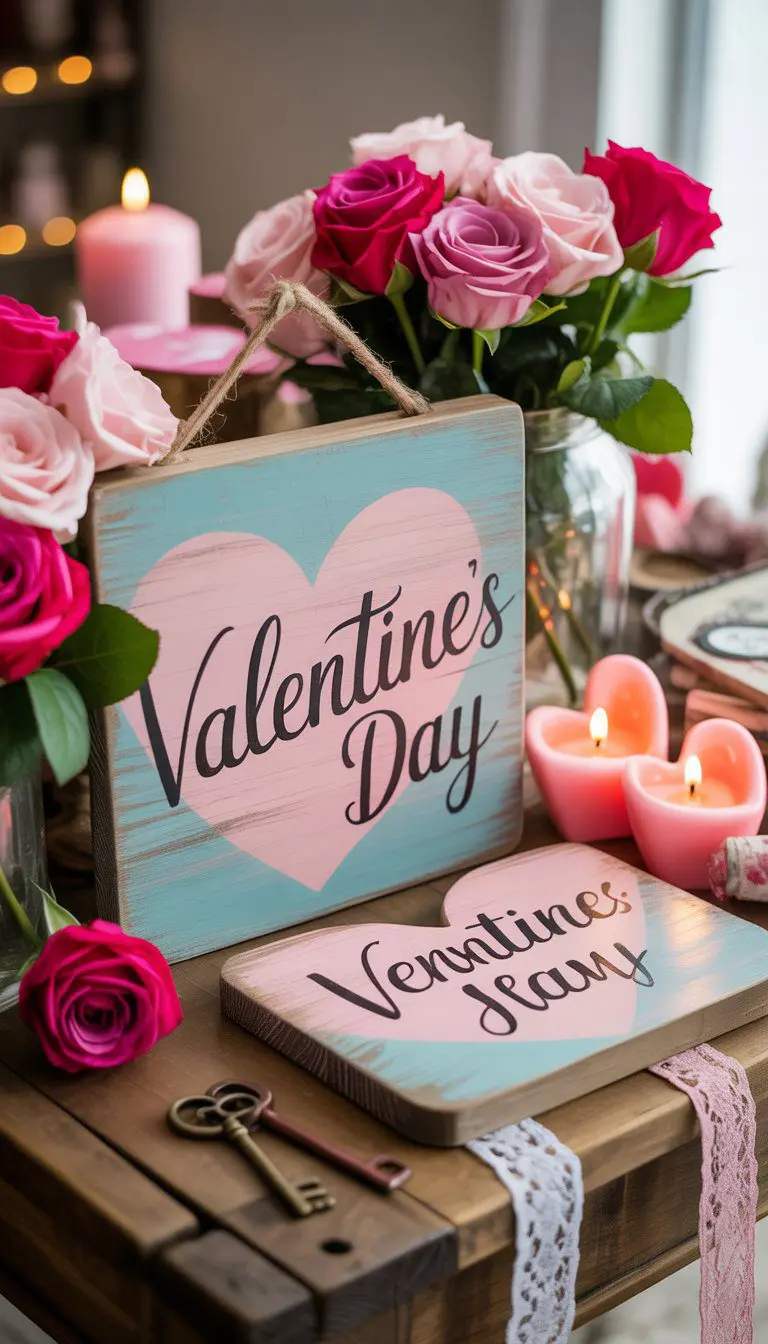 A Valentine's Day centerpiece with hand-painted wooden signs, roses, candles, and decorative accents on a wooden table.