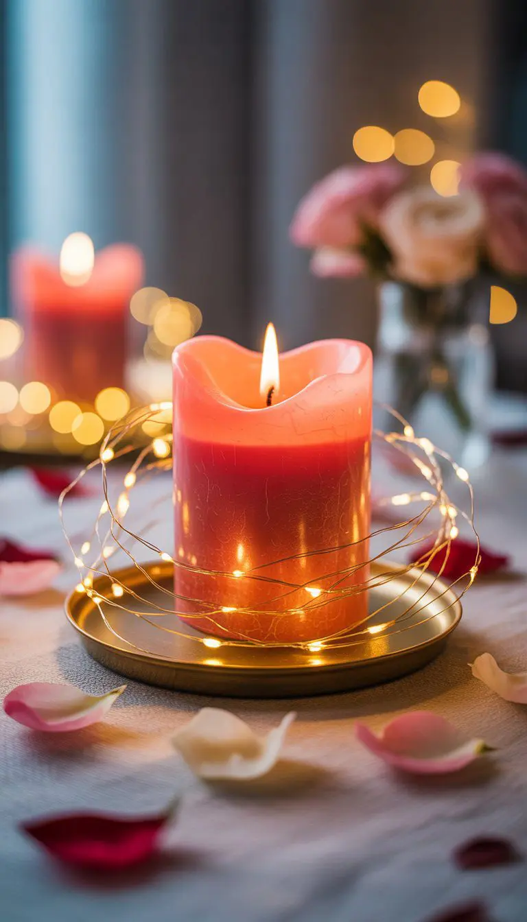 A glowing candle wrapped with warm white string lights on a table surrounded by rose petals.