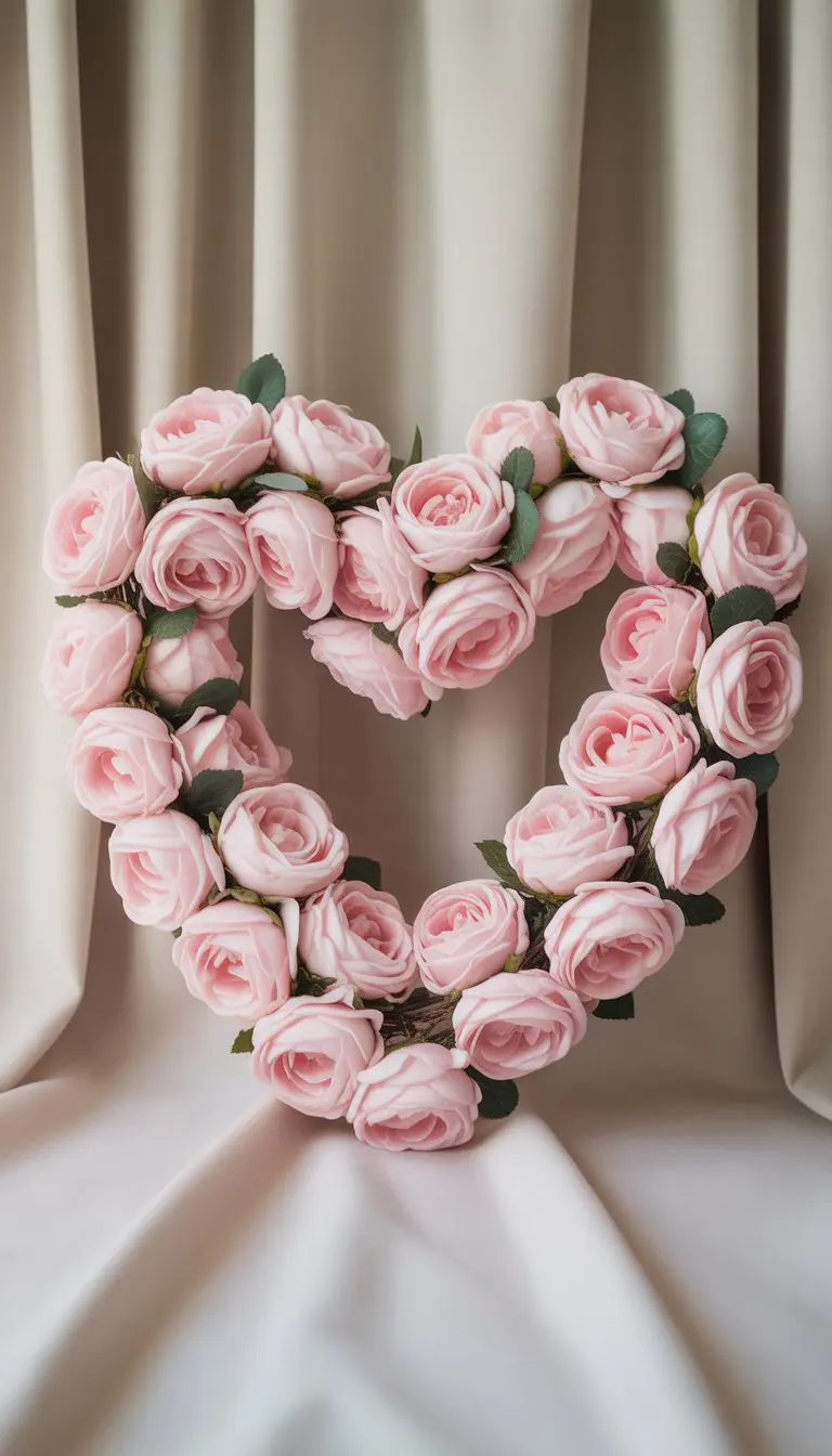 Heart-shaped wreath made of soft pink roses with green leaves on a neutral background.