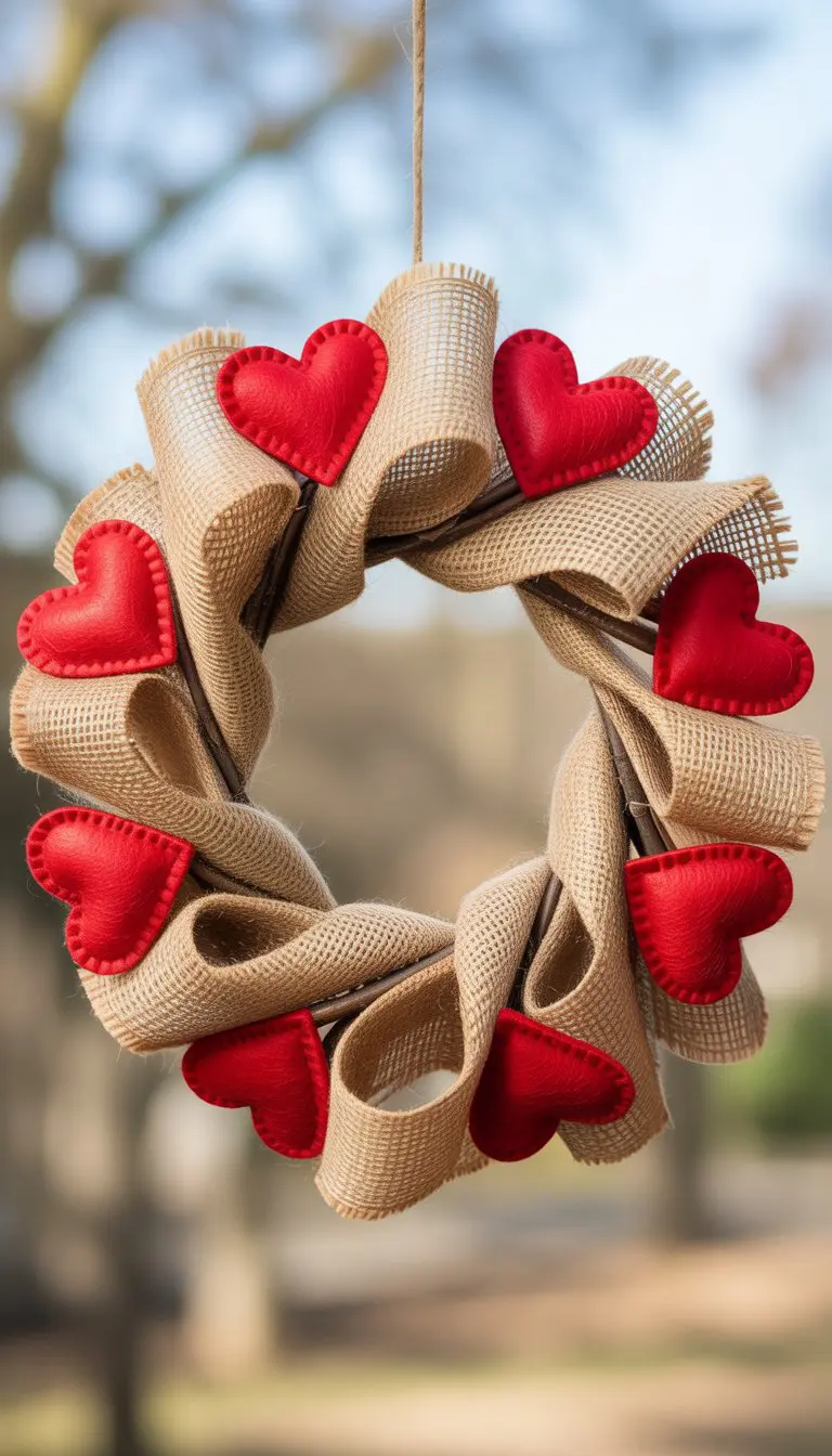 A circular wreath made of burlap and red felt hearts hanging against a neutral background.
