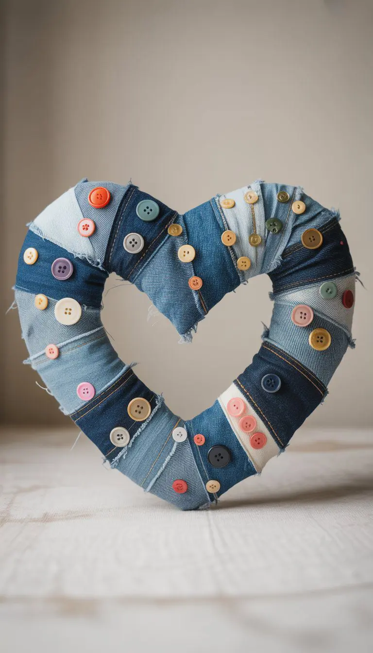 A heart-shaped wreath made from strips of denim fabric with colorful buttons attached, displayed on a plain background.