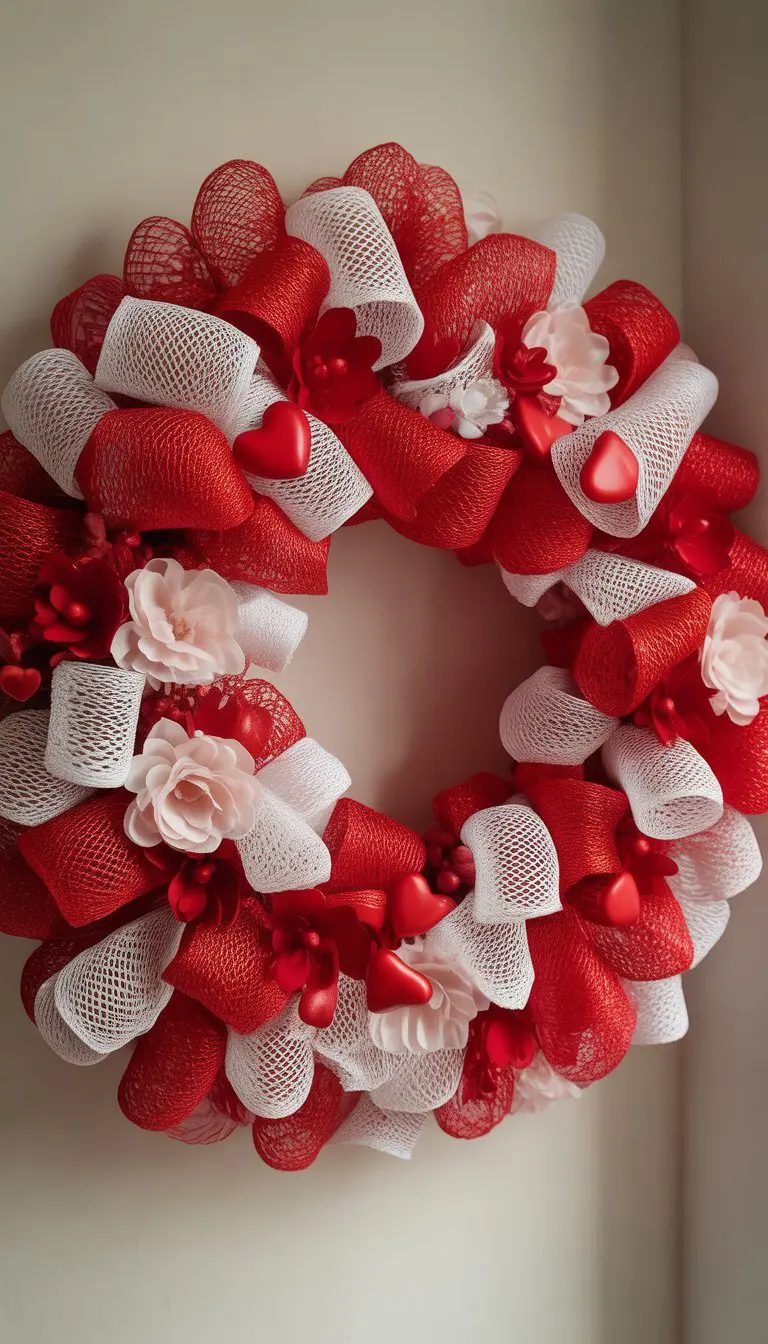 A red and white Valentine wreath made of decorative mesh with small heart and flower accents hanging on a neutral background.