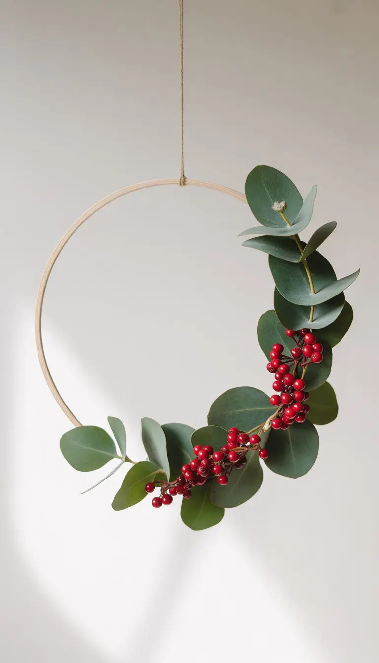 A minimalist hoop wreath decorated with eucalyptus leaves and red berries against a plain background.