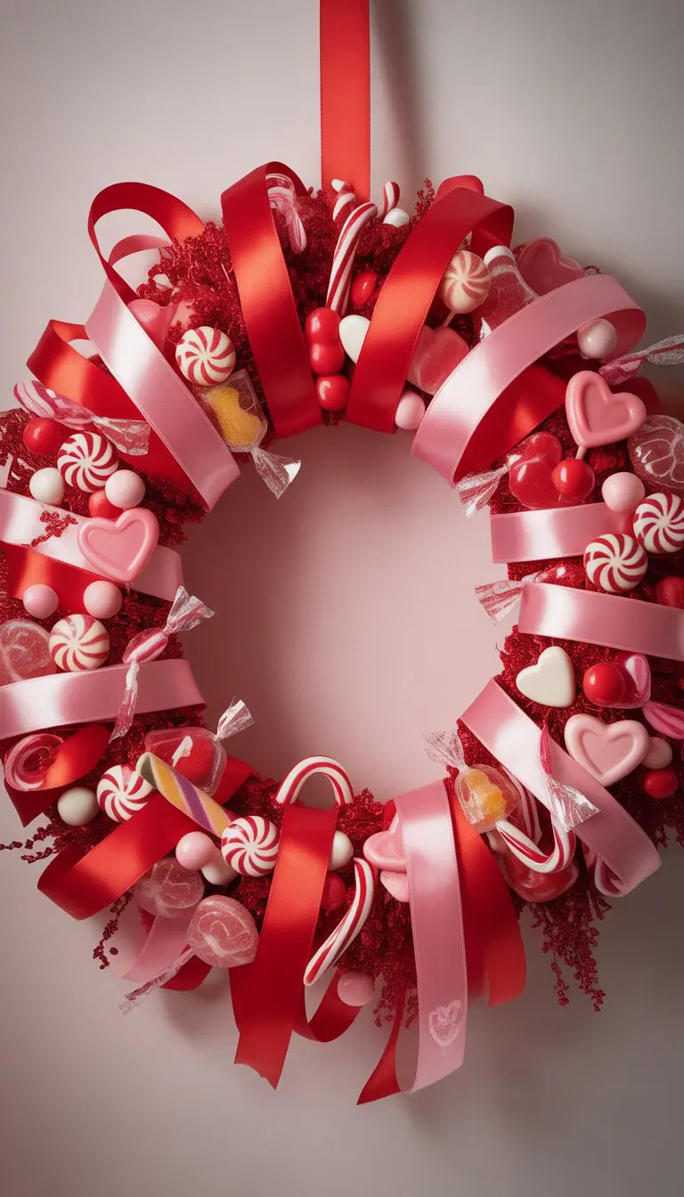 A circular Valentine’s Day wreath decorated with red and pink ribbons and candy accents on a neutral background.