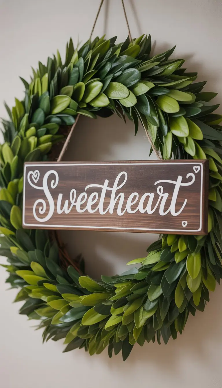A wooden sweetheart sign next to a green wreath made of leaves.