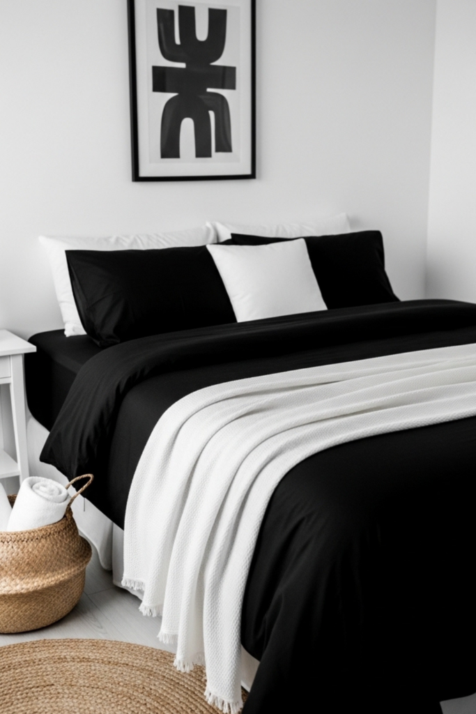 A black and white bedroom with a bed, natural jute rugs, and woven baskets.
