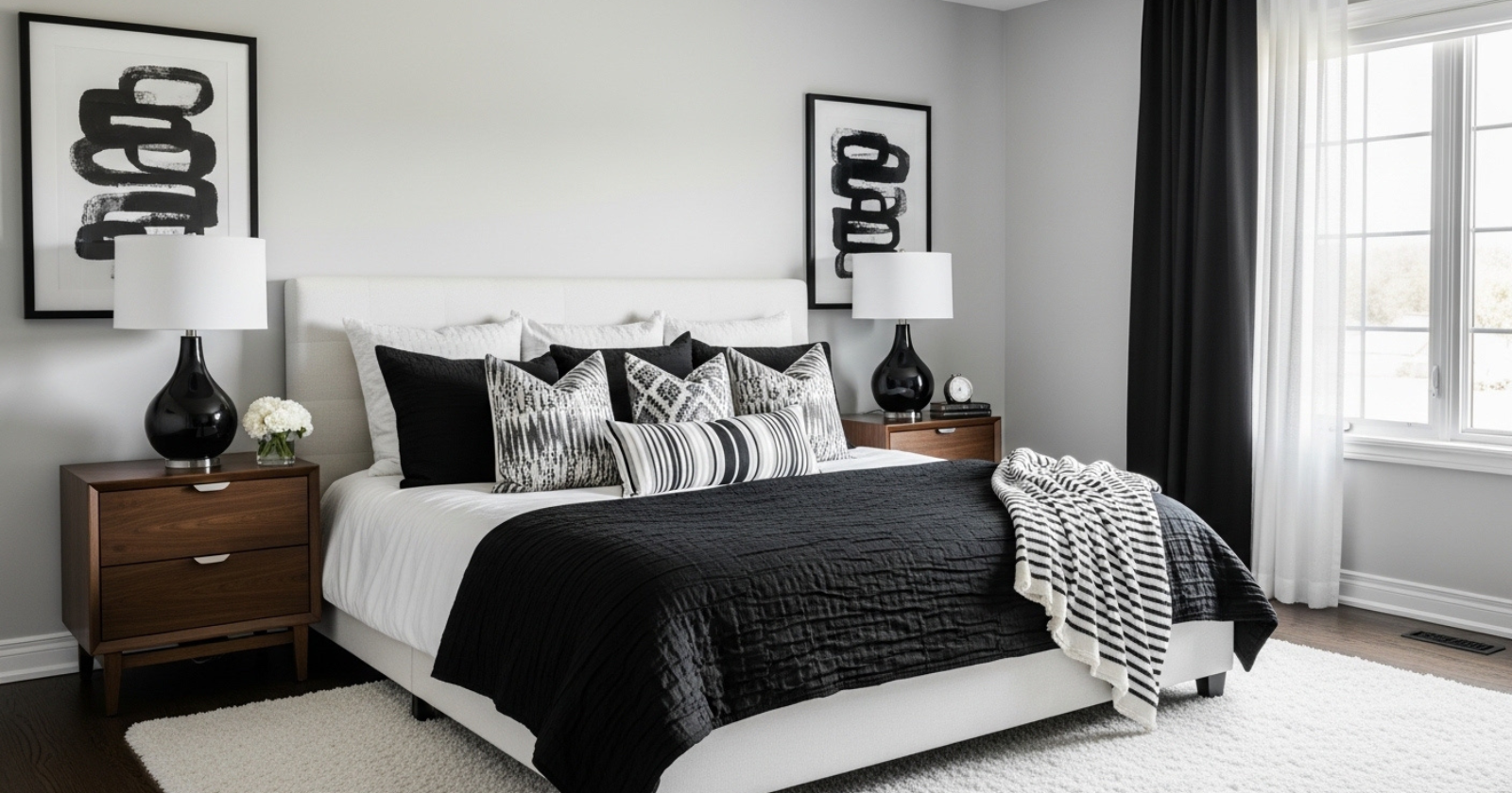 A grid of ten bedrooms featuring black and white decor with beds, nightstands, lamps, and decorative accents in various layouts.