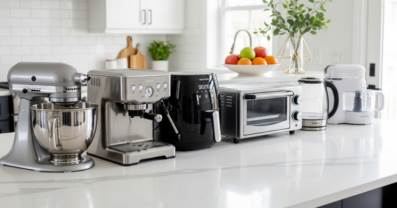 A modern kitchen countertop with various small appliances and a person’s hands reaching to select one.