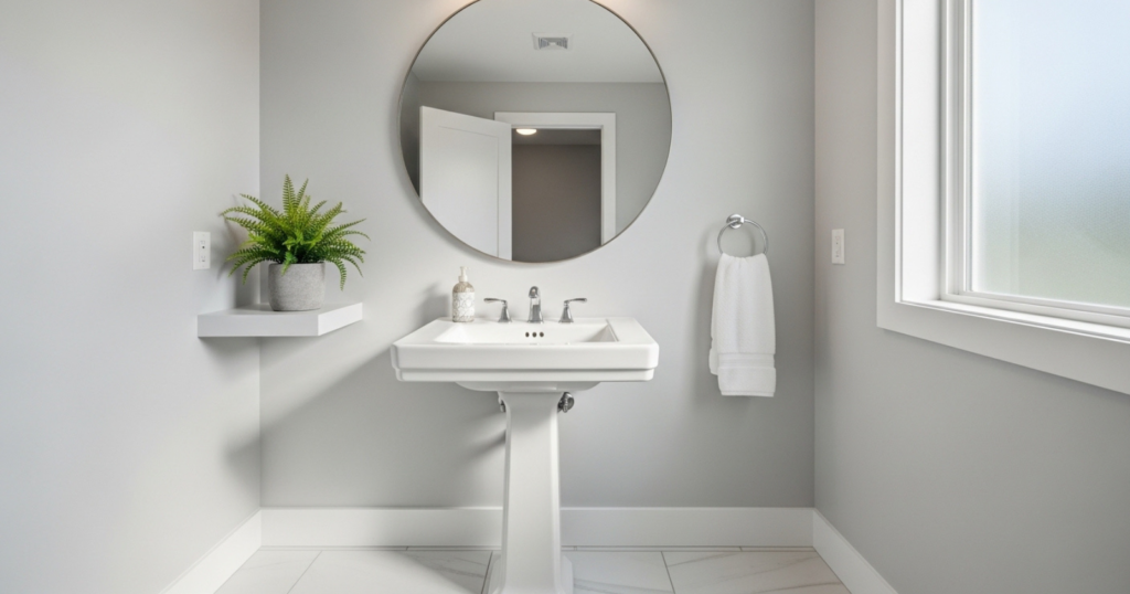 A bathroom with a white pedestal sink, a round mirror, a potted plant, and a towel on a wall rack.