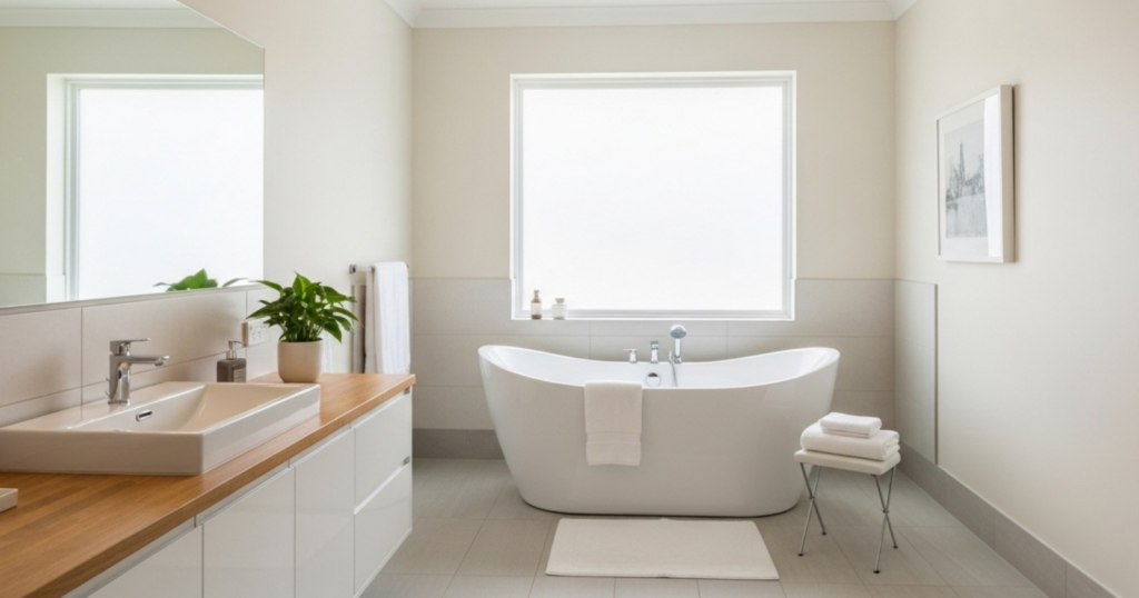 A clean and bright bathroom with a freestanding bathtub, vanity with mirror, and neutral-colored walls.