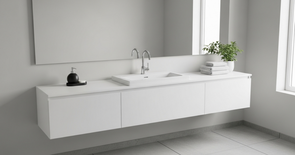 A clean and tidy bathroom with a minimalist white vanity and a frameless mirror above it.