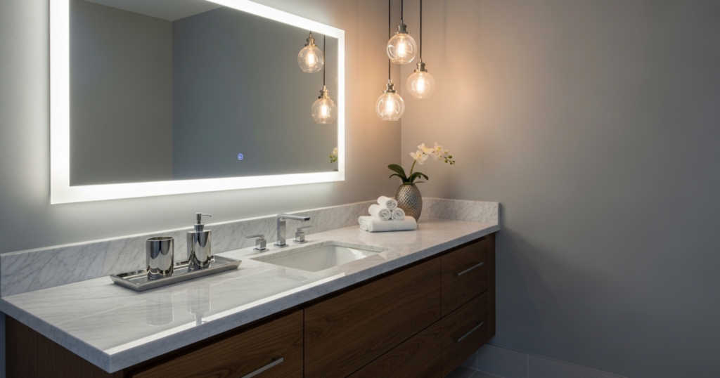 A bathroom vanity with a pendant light hanging above, a mirror, and bathroom accessories on the countertop.