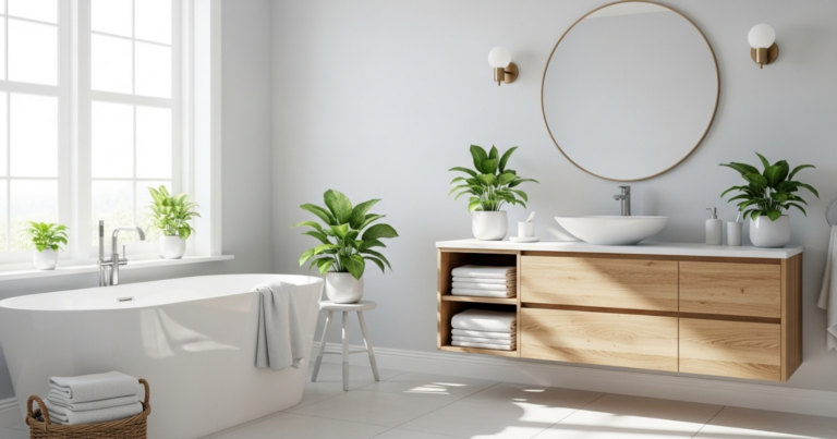 A clean and bright bathroom with a white bathtub, wooden vanity, round mirror, plants, and folded towels.