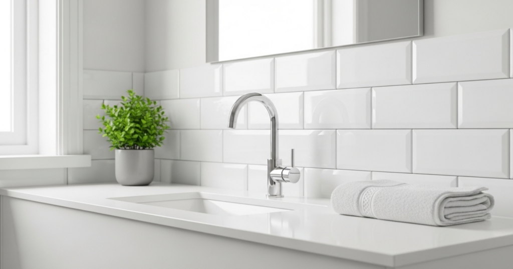 A bathroom with a white subway tile backsplash, a white countertop, a faucet, a folded towel, and a small green plant.