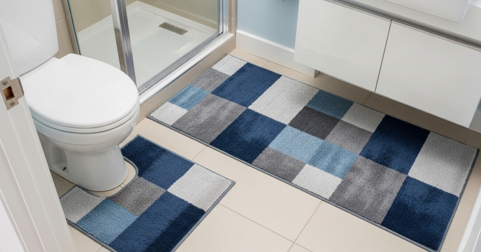 A bathroom with eleven small rugs arranged on the floor near the sink, toilet, and shower.