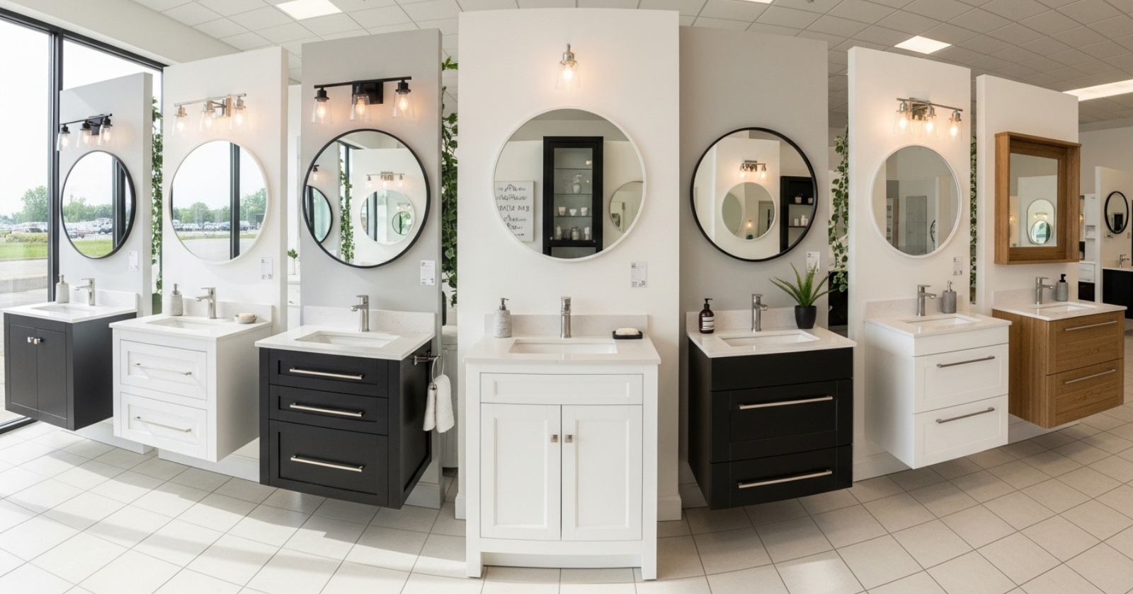 Seven small bathroom vanities displayed in a bright showroom with different styles and finishes, each with a sink and faucet.
