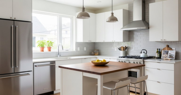 A small modern kitchen with white cabinets, stainless steel appliances, a wooden countertop island, and natural light from a window.