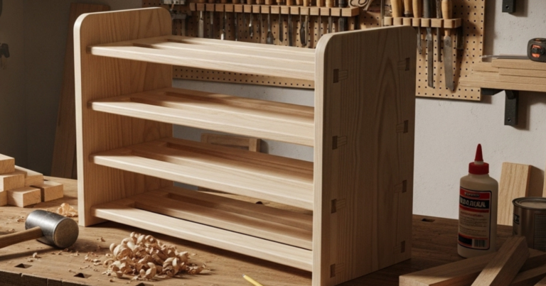 A person assembling a wooden shoe rack on a workbench surrounded by woodworking tools and materials.