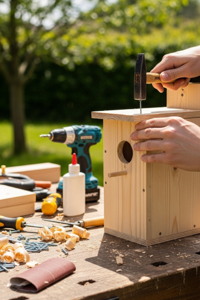 Hands assembling a wooden bird house outdoors with tools on a workbench and greenery in the background.
