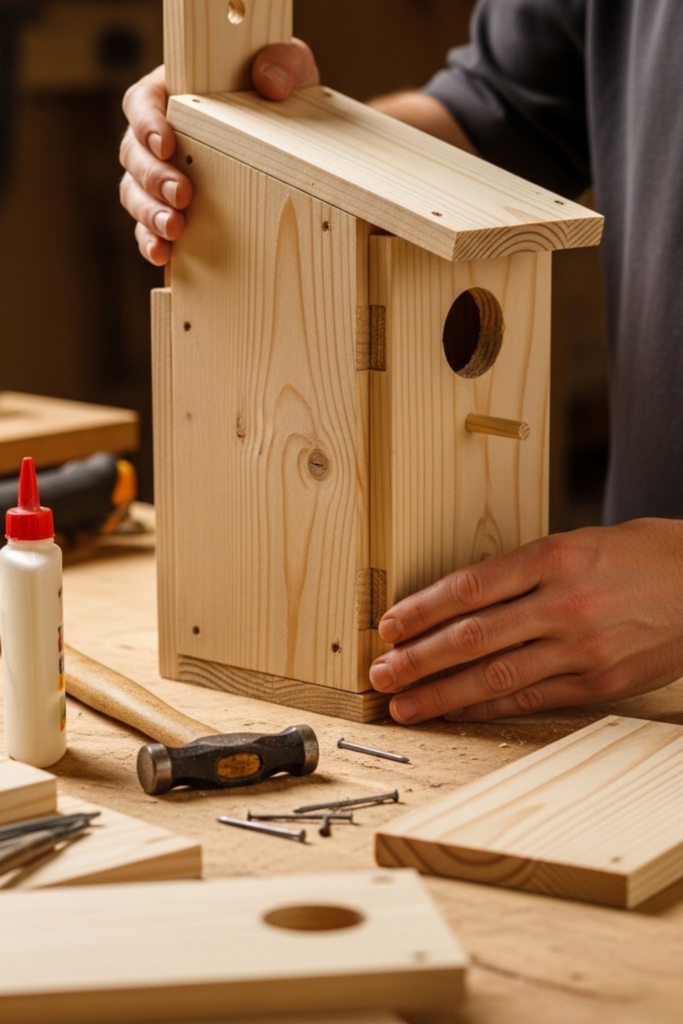 Hands assembling a wooden birdhouse on a workbench with tools and greenery in the background.