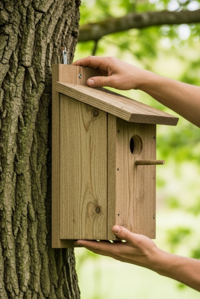 A person mounting a wooden bird house on a tree in a green outdoor setting using tools.