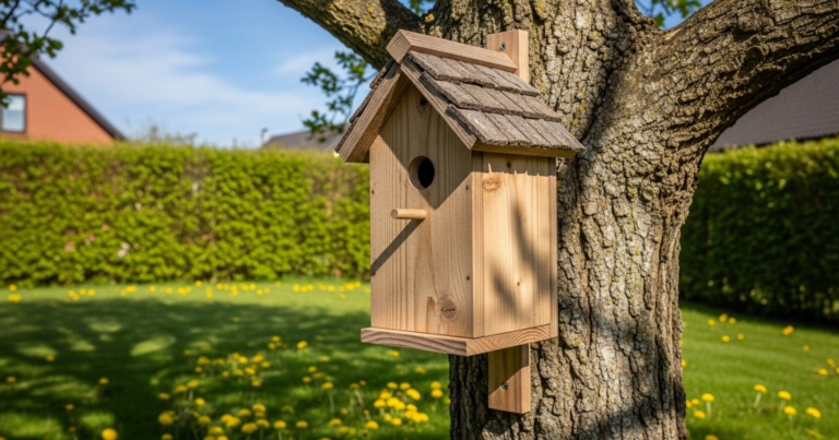 A person assembling a wooden birdhouse on a workbench with woodworking tools and materials around.