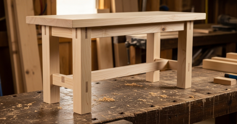 Person building a wooden bench in a bright workshop with tools and wood pieces on a workbench.