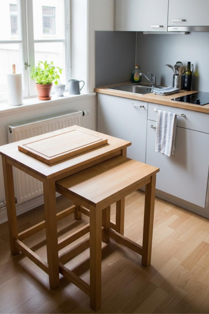A small kitchen with nesting tables pulled out and used as extra prep surfaces, showing fresh vegetables and kitchen utensils.