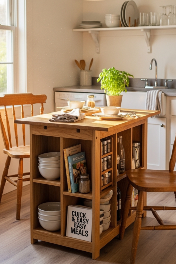 A small kitchen with a compact multi-functional table featuring built-in storage compartments holding kitchen items, surrounded by chairs and natural light.