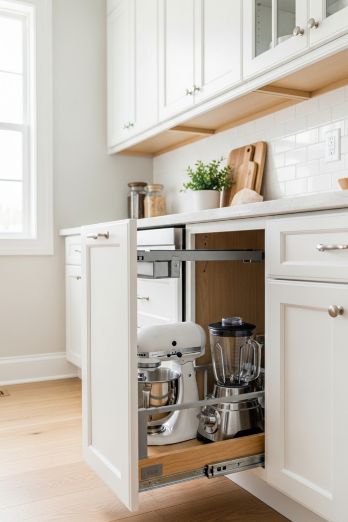 Bright kitchen lower cabinet open with heavy-duty pull-out drawer, stand mixer and blender neatly stored, white shaker cabinets, light wood floor, natural daylight, realistic textures, modern cozy style,
