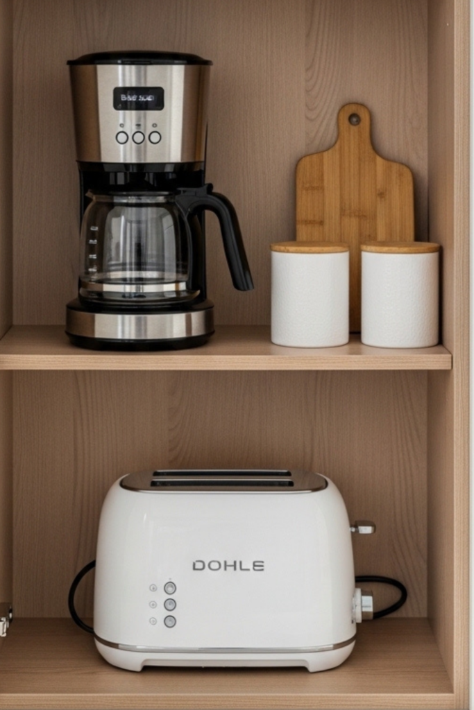 Open kitchen cabinet with tiered shelves neatly storing toasters and cOpen kitchen cabinet with tiered shelves neatly storing toasters and coffee makers.offee makers.