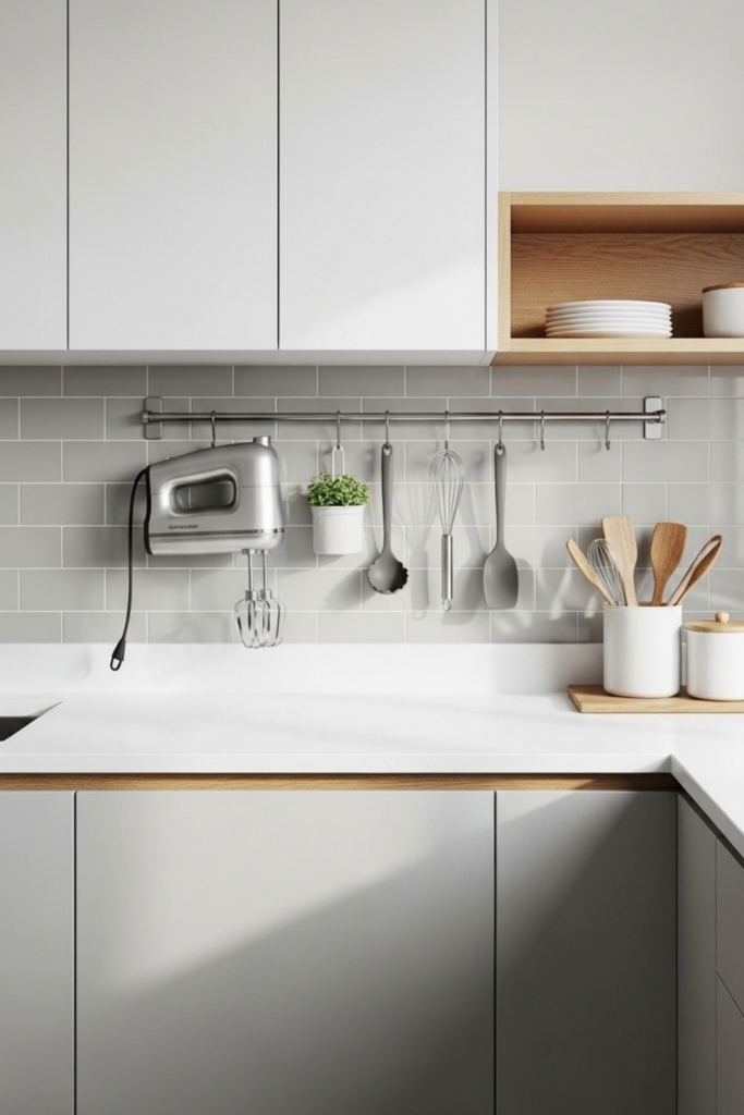 A modern kitchen with under-cabinet hanging racks holding handheld mixers and small kitchen gadgets.