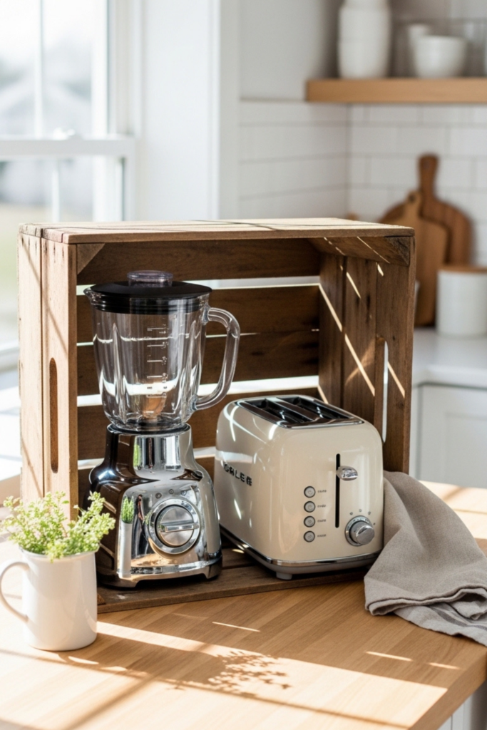 A vintage wooden crate used as a cubby to store bulky kitchen appliances on a countertop in a bright kitchen.