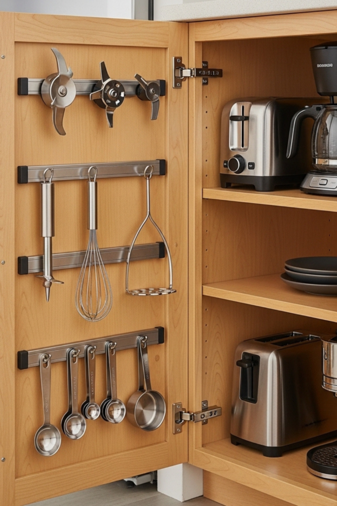 Open kitchen cabinet door with magnetic strips holding metal appliance accessories inside, next to a tidy countertop with small appliances.