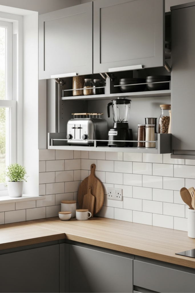 A kitchen with open flip-up cabinet doors revealing stored small appliances like a toaster and blender.