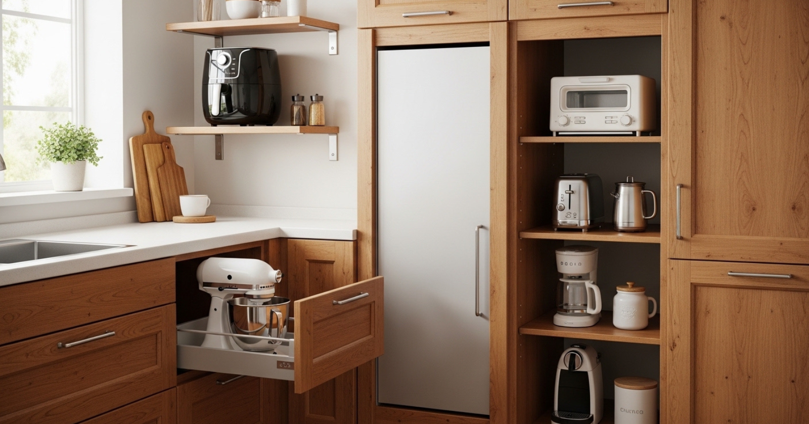 Bright modern cozy kitchen, multiple small appliance storage solutions visible at once, pull-out drawers open with stand mixer inside, wall-mounted shelf holding air fryer, appliance garage closed neatly, tiered cabinet shelves stacked with toaster and coffee maker, warm wood cabinets,