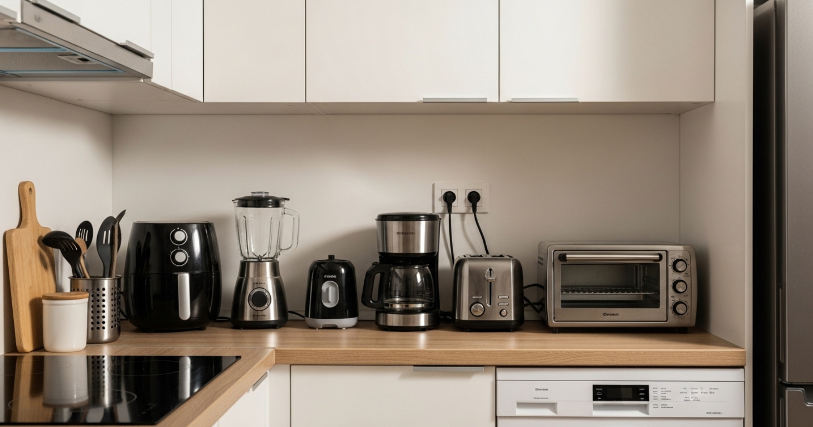 modern small kitchen countertop displaying multiple small kitchen appliances neatly arranged including air fryer, blender, coffee maker, toaster oven and pressure cooker, warm natural morning light, white cabinets, light wood accents, clean and uncluttered styling, cozy compact kitchen vibe