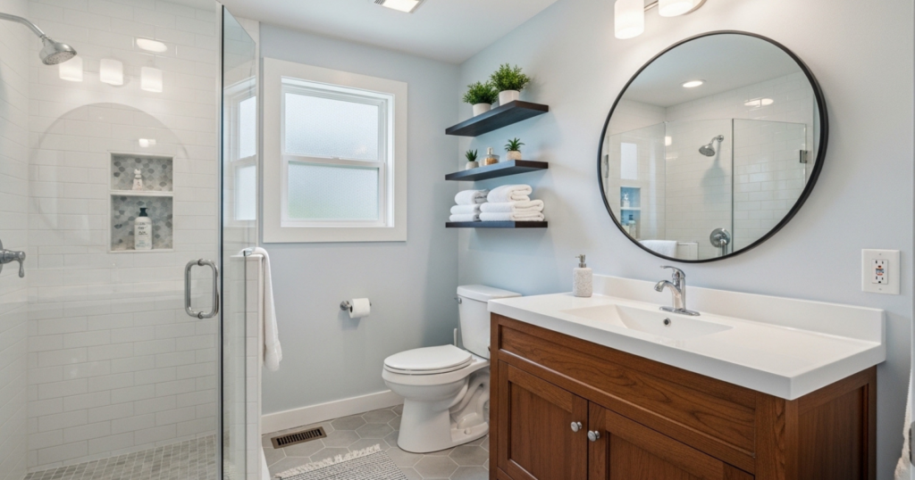 A small, modern bathroom with a floating vanity, glass shower, and light gray tiled walls and floor.