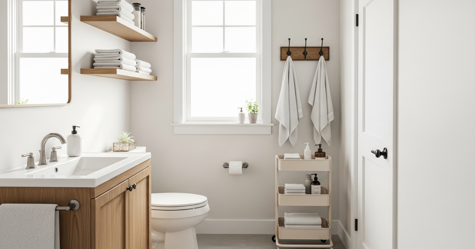 A small bathroom displaying ten different towel storage options with towels neatly arranged on racks, shelves, hooks, and baskets.