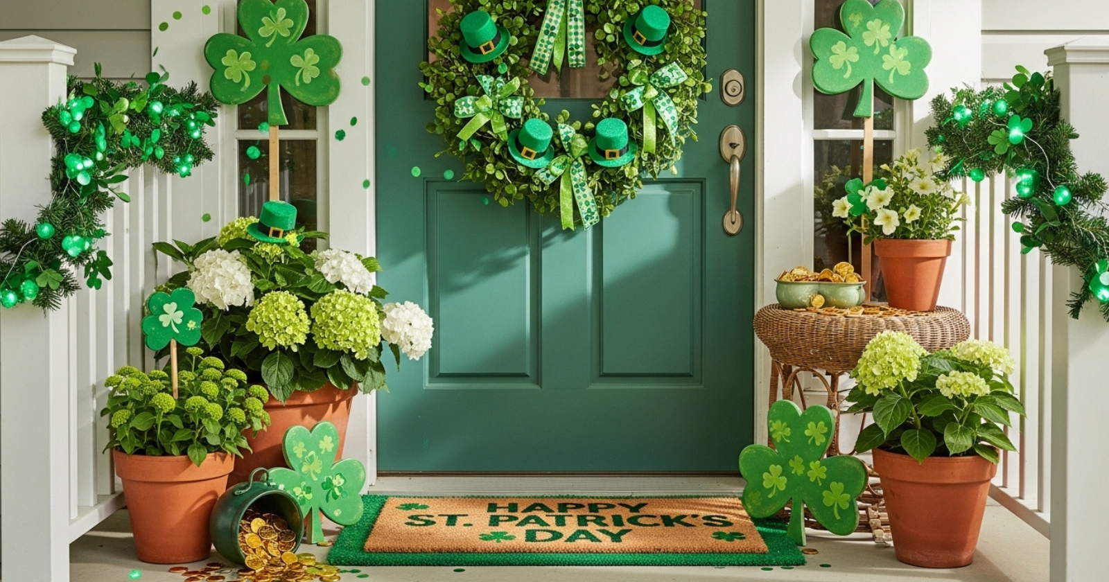 A front porch decorated with green shamrocks, potted plants, flowers, and St. Patrick's Day themed ornaments like gold coins and leprechaun hats.