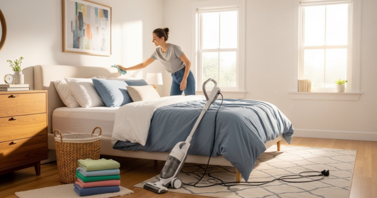 A person cleaning a bright bedroom with a made bed, sunlight coming through windows, a vacuum cleaner nearby, and a laundry basket with folded clothes.