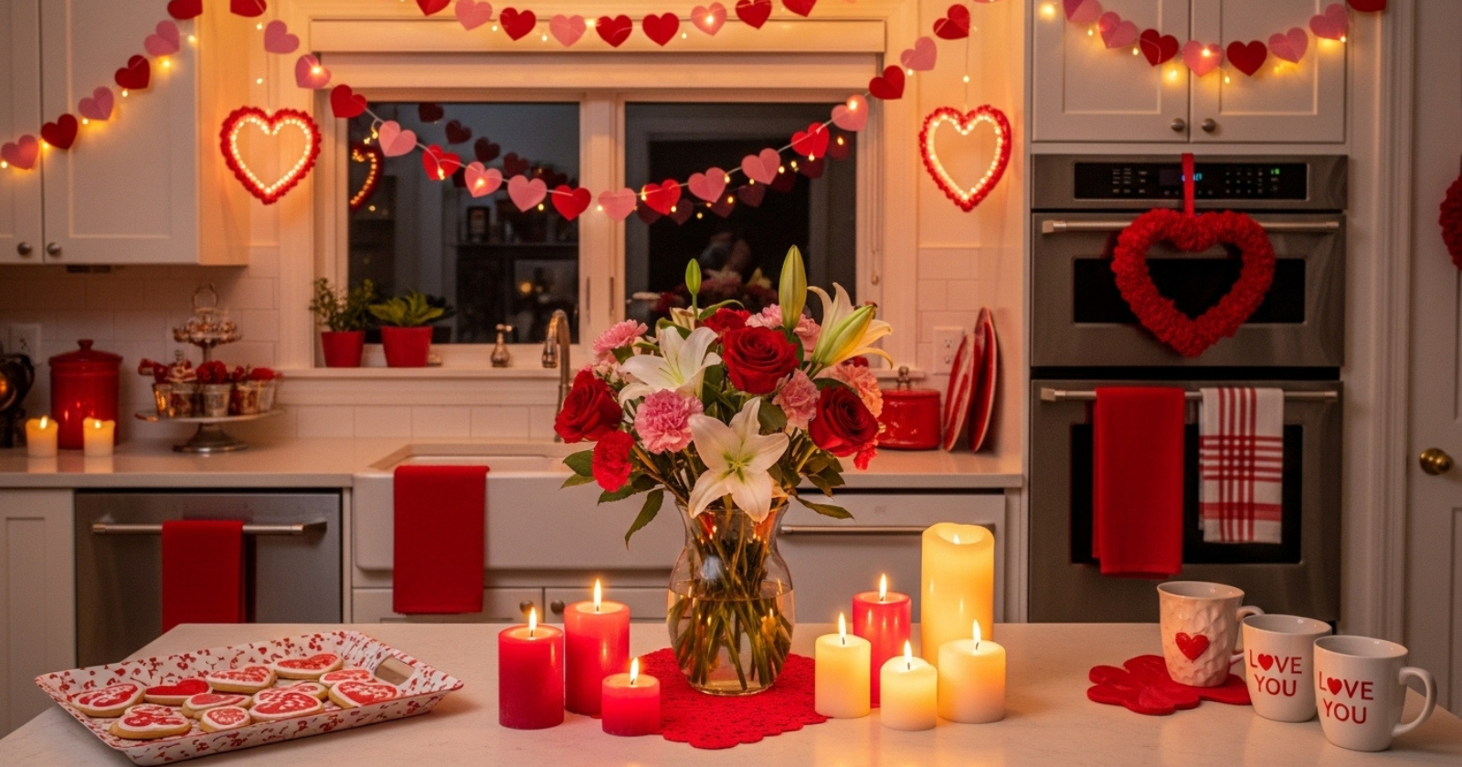 A kitchen decorated with various Valentine's Day decorations including heart-shaped garlands, floral arrangements, candles, and red and pink accents.