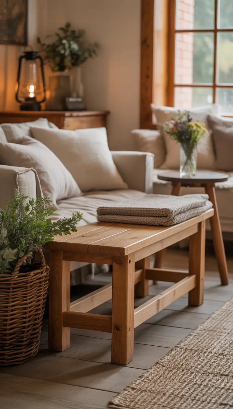 A wooden farmhouse bench with cushions and a throw blanket in a cozy living room with rustic decor and natural light.