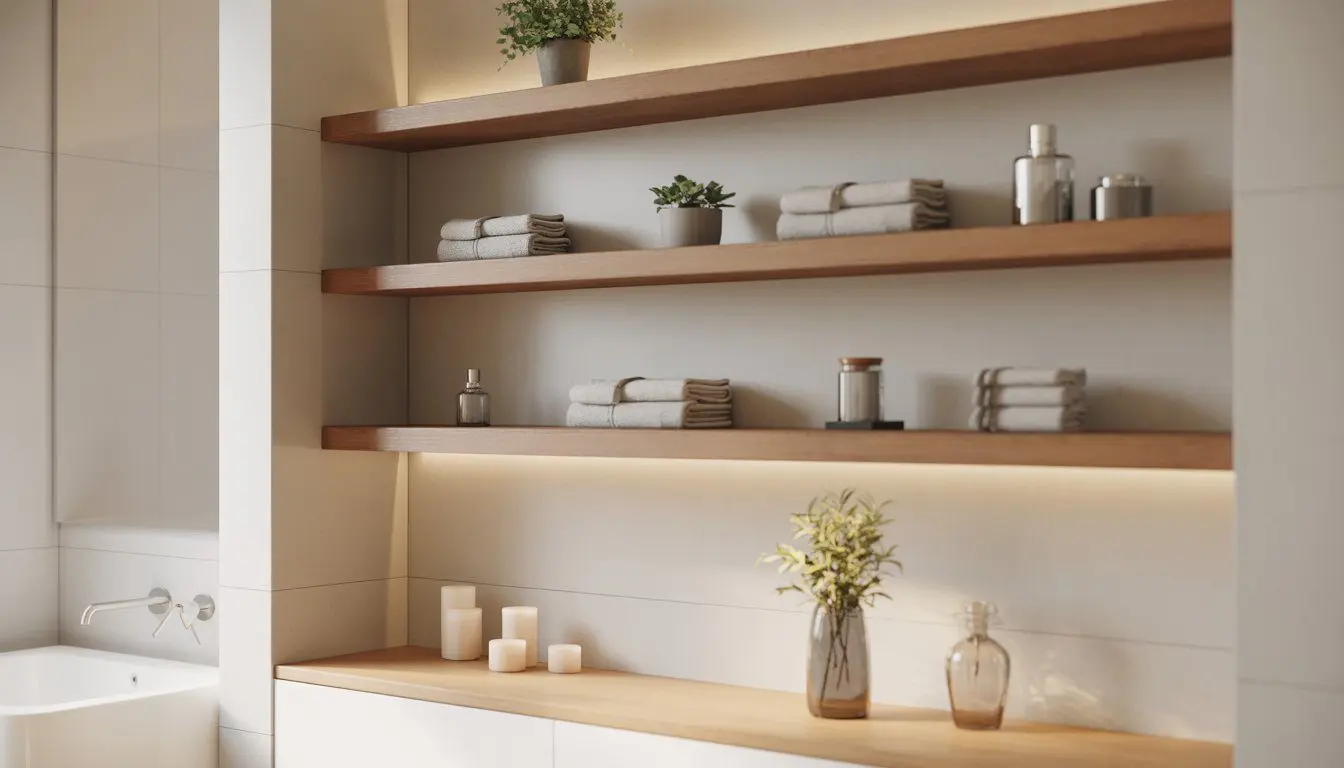 A bathroom with floating wood shelves holding plants, towels, and glass containers on a light wall.