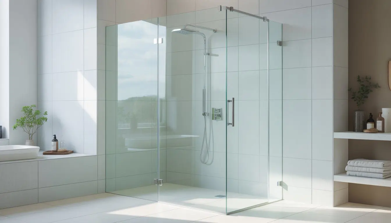 A bright bathroom with a frameless glass shower door, white tiles, and a chrome showerhead.