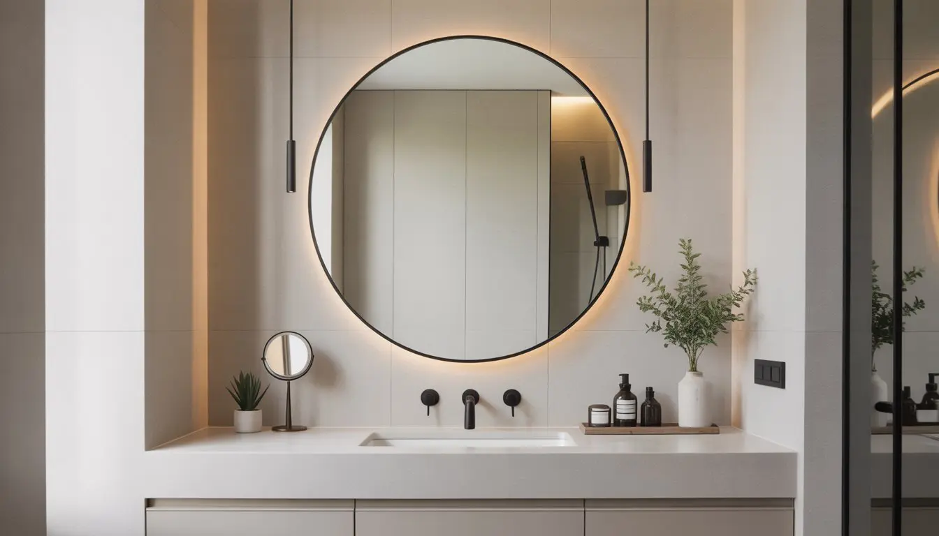 A modern bathroom with a large round mirror above a vanity, neutral tones, and simple decorative elements.
