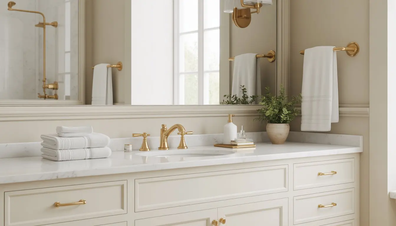 A bright bathroom with white marble countertop, brass faucets and hardware, a large mirror, and a small green plant.