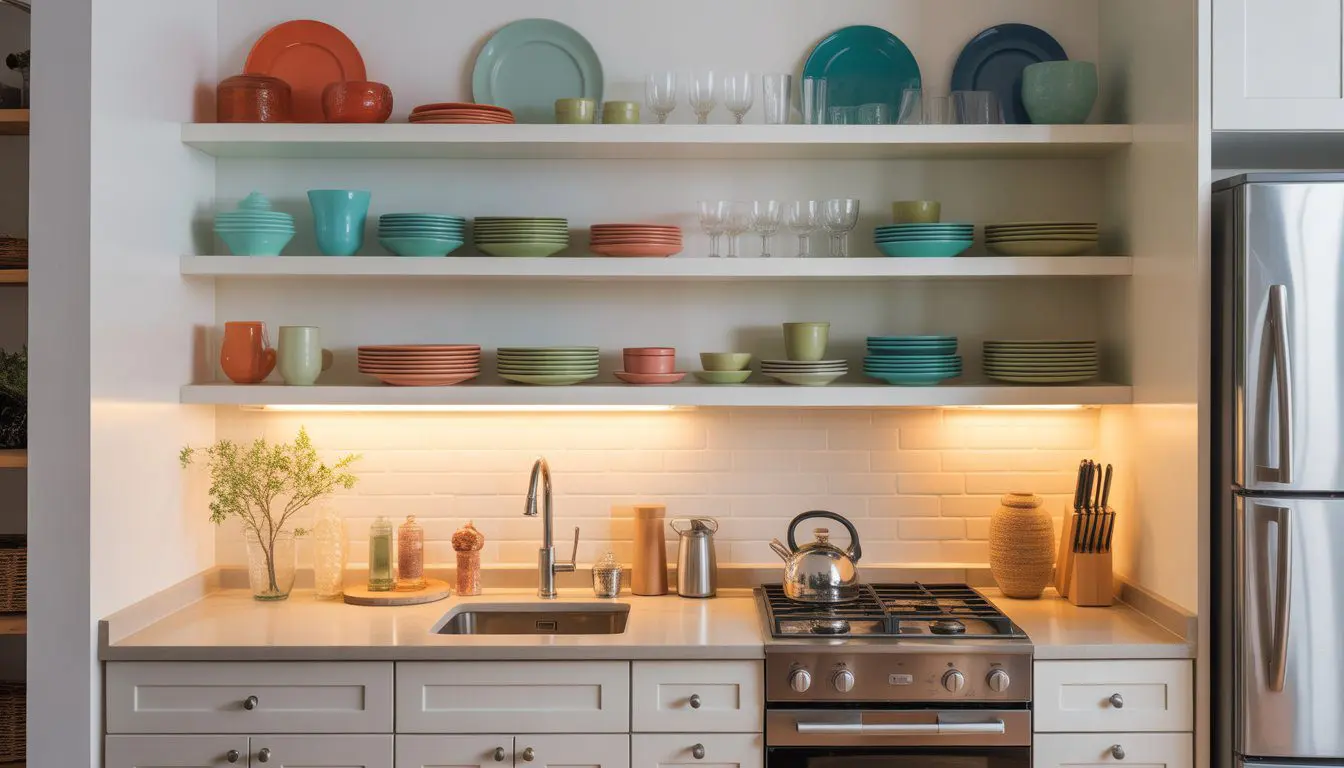 A small kitchen with open shelves displaying dishware and a clean countertop.