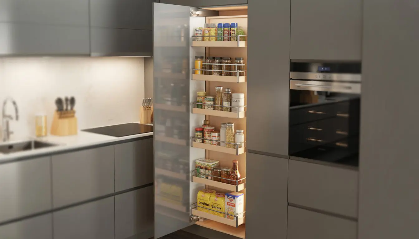 A slide-out pantry rack in a small kitchen cabinet filled with spices and snacks.